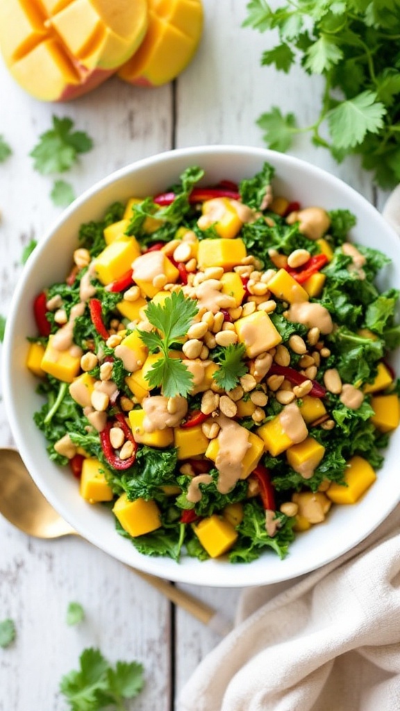 A colorful mango and kale slaw in a bowl, topped with peanut dressing and garnished with cilantro and peanuts.